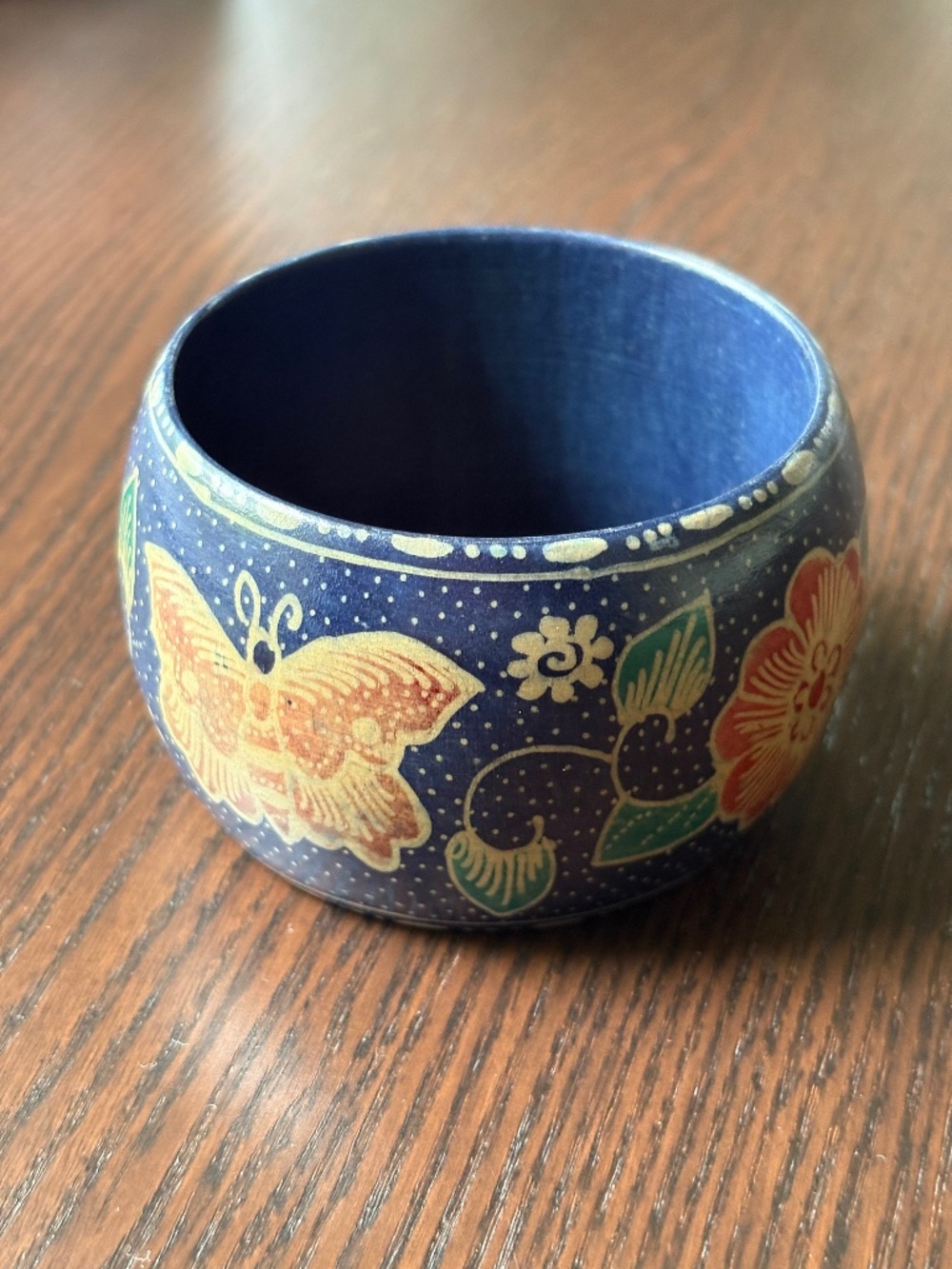 Vintage Hand‎ Painted Wooden Bangle Bracelet Navy Blue Floral Boho Chunky Wide